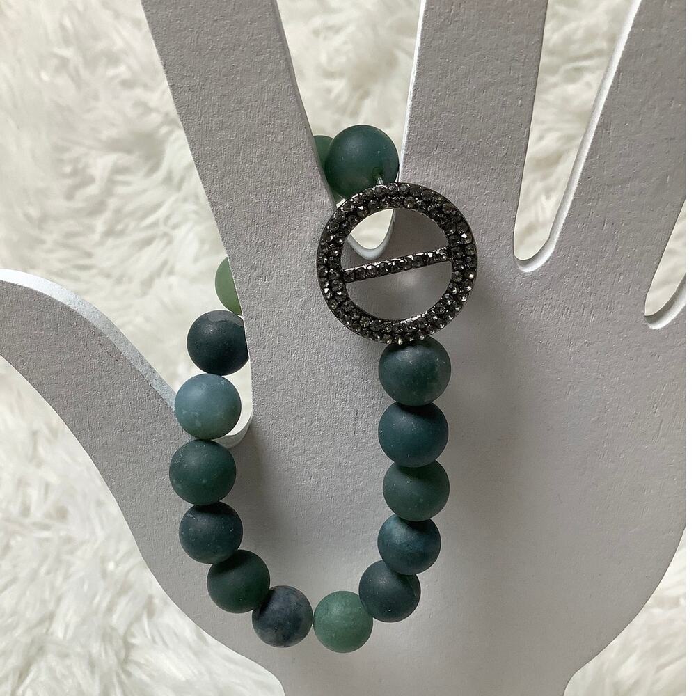 Marlyn Schiff Pave Circle Bar Crystal Green Stone Stretch Bead Bracelet A7-41